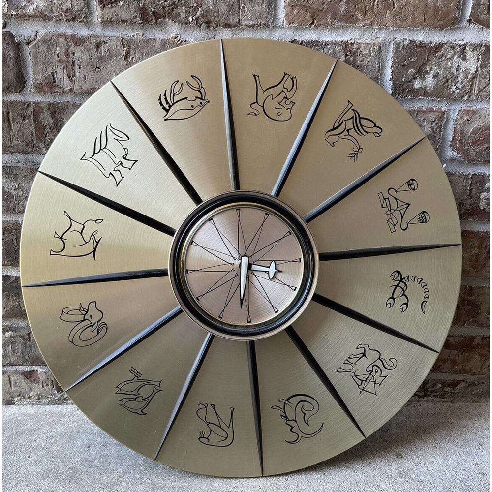 Rare Vintage Sunbeam Gold + Black Astrology Zodiac MCM Retro 21" Wall Clock